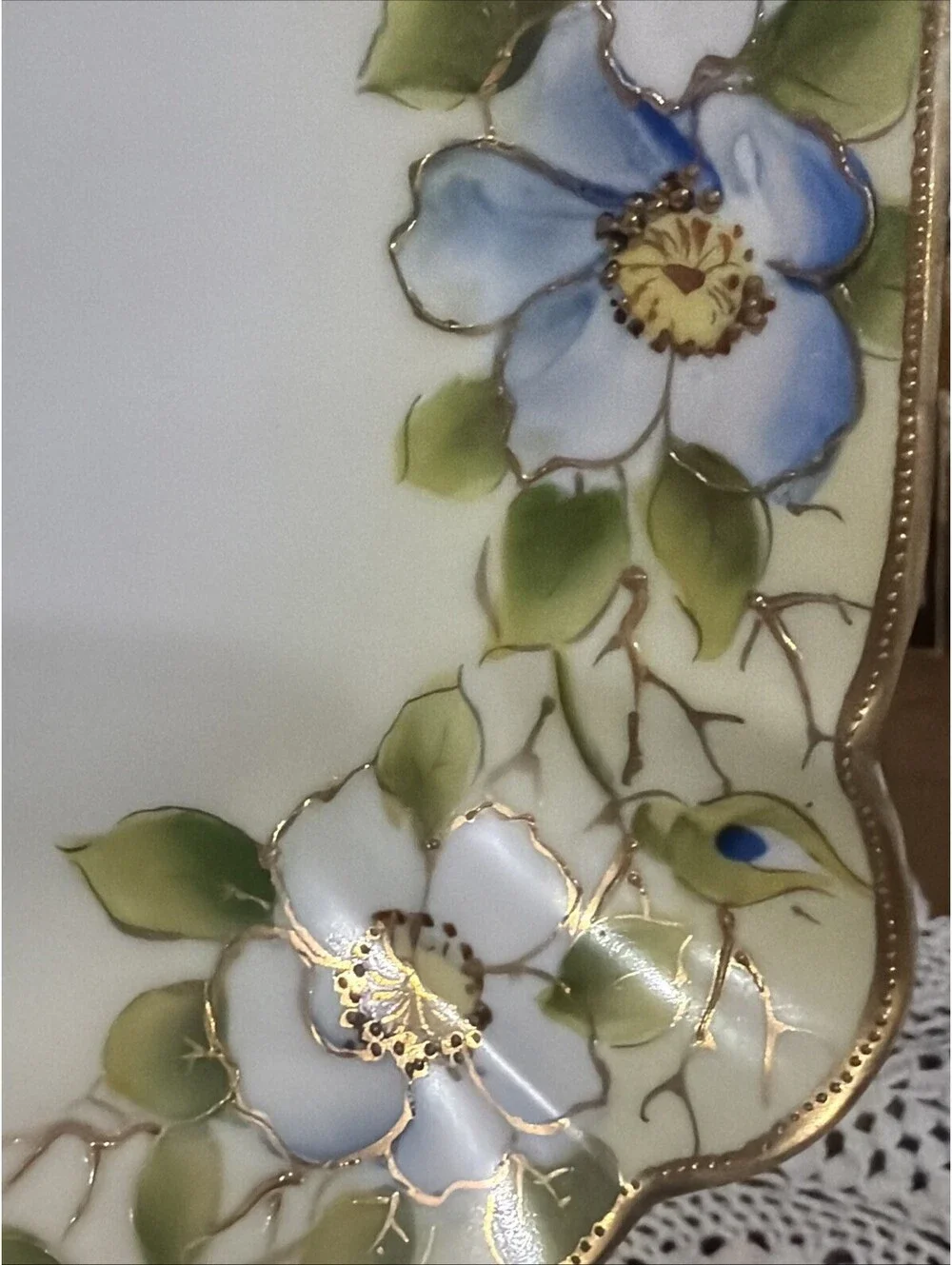 Antique Nippon Hand Painted Porcelain Vanity Tray Gold Blue White Floral Japan